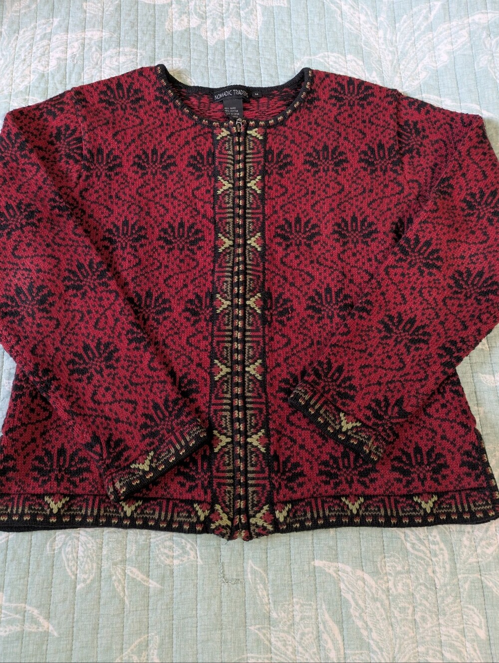 Nomadic Traders Burgundy, Black, Gray & Cream Cardigan Sweater. Full Zipper. M